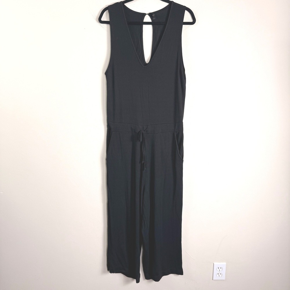 Quince Black Sleeveless V-Neck Wide Leg Drawstring Jersey Jumpsuit Womens Large